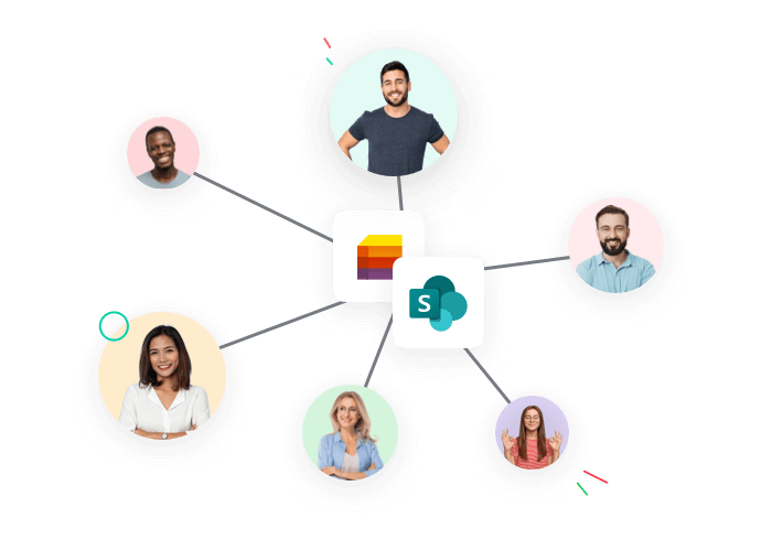 Een illustratie van een netwerk mensen, verbonden met elkaar met als middelpunt Lists en SharePoint.